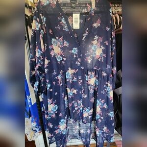 Size 4 Torrid Navy Floral Chiffon Button Kimono Hi-Lo NWT